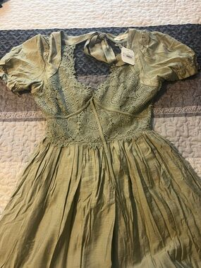 Light Olive Green Crochet Bodice Midi Dress